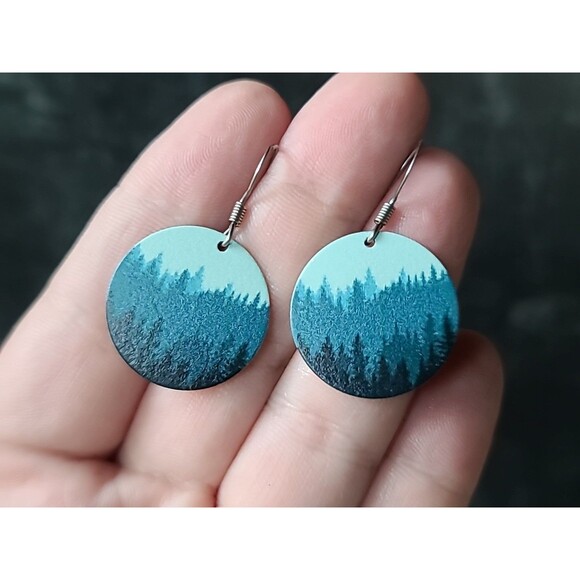 Nature Cast Dangle Trees On Disc Pierced Earrings - Picture 1 of 10